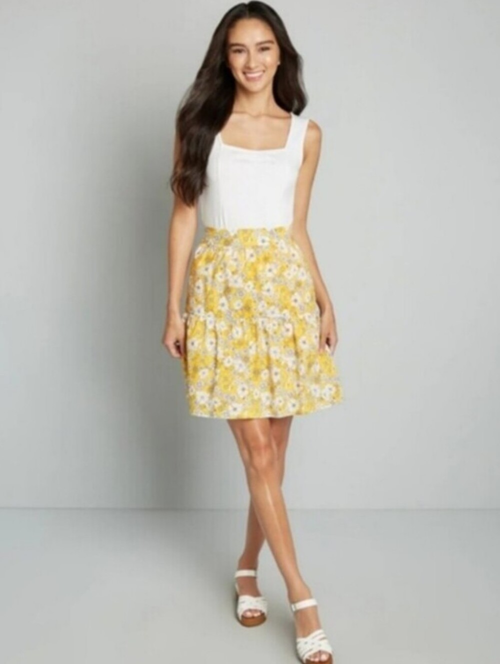 ☀️ SUMMER SALE!! NWT Modcloth Yellow and White Floral Cotton Tiered Skirt